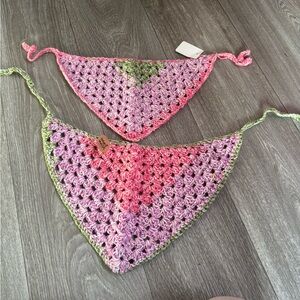 Pink and Green Crochet hair bandanna mom and child